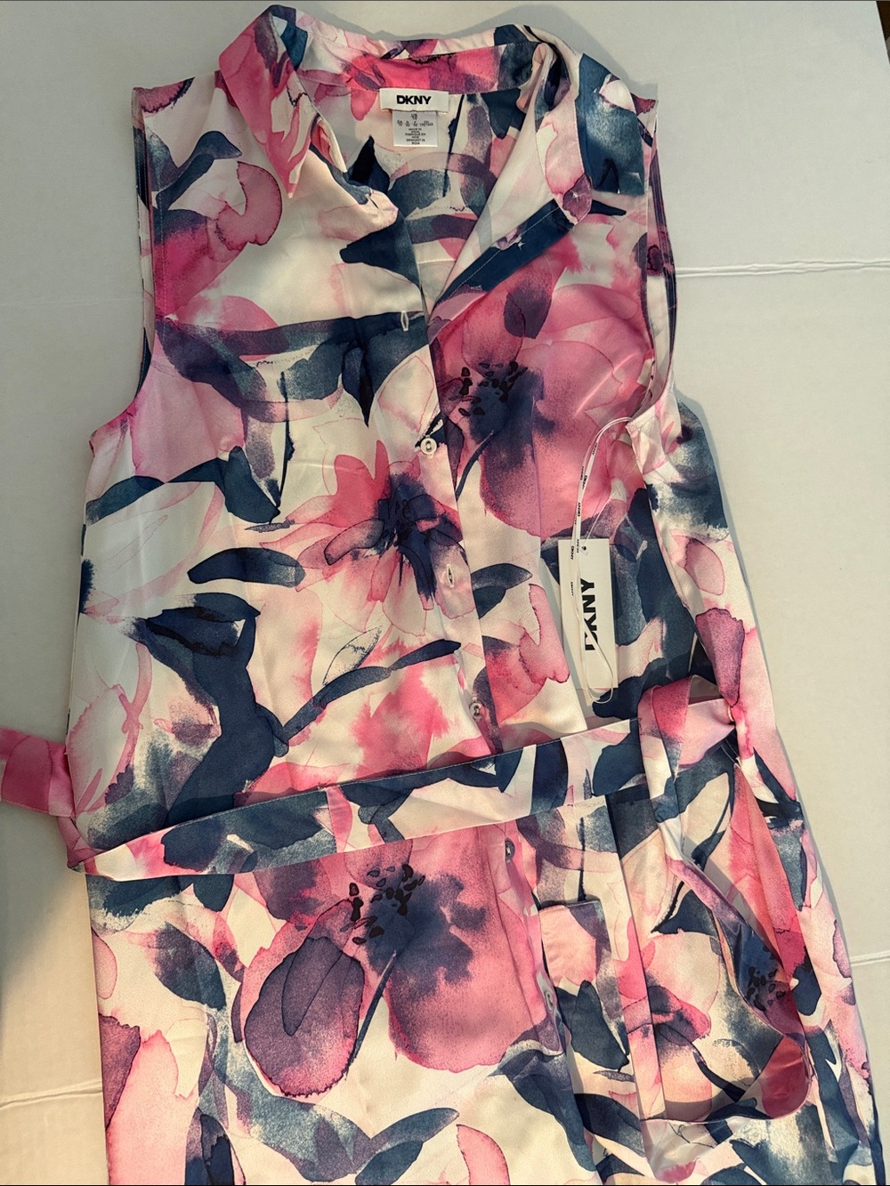 DKNY Pink & Navy Watercolor Floral Sleeveless Blouse